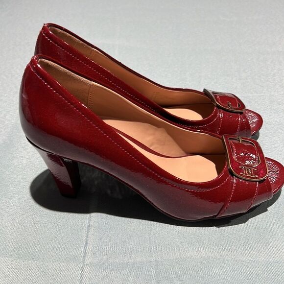 ETIENNE AIGNER Dune Red Patent Vegan Open-Toe Heels Shoes Size 6.5M Buckles B42 - Picture 5 of 10